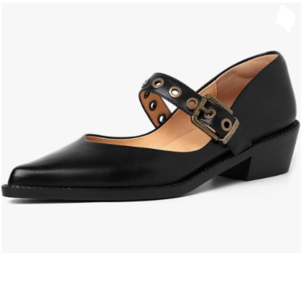 YDN Black Leather Mary Jane Heels with Gold Buckle